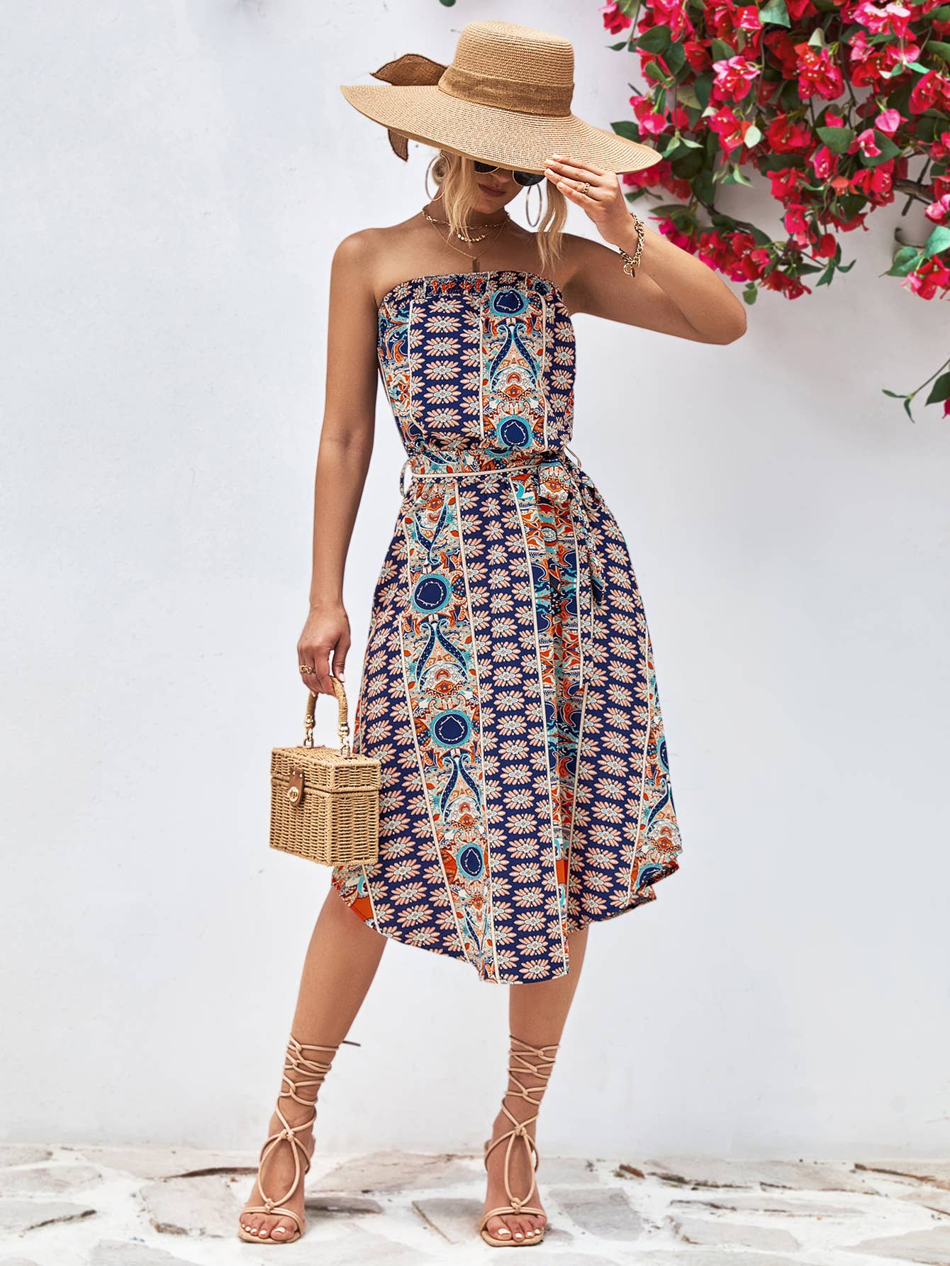 Ethnic print top top lace-up long hip wrap dress