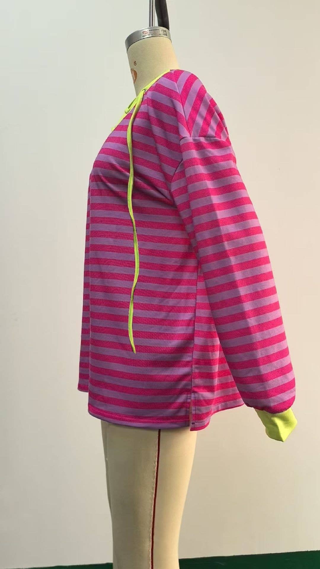 Striped V-neck fashion sexy lace-up sweatshirt