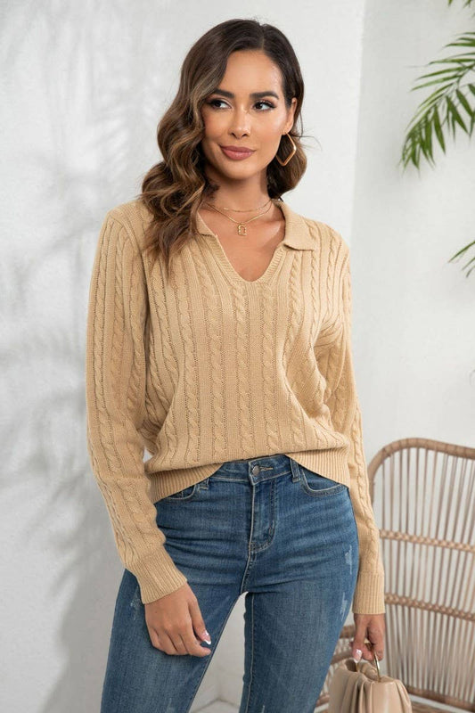 Cwoswl3873_Solid Color Lapel Cable Knit Pullover Sweater