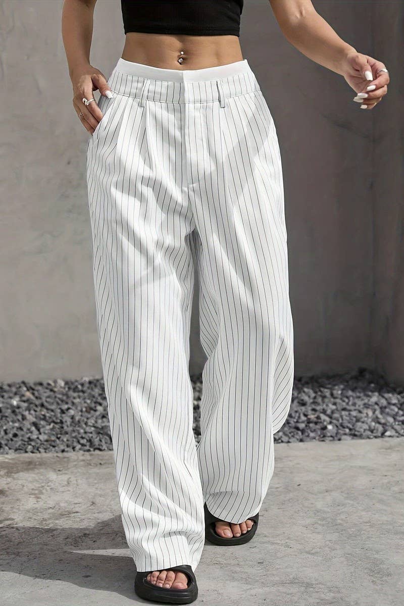 CWBLP1116_HIGH-WAISTED STRIPED LOOSE STRAIGHT-LEG TROUSERS
