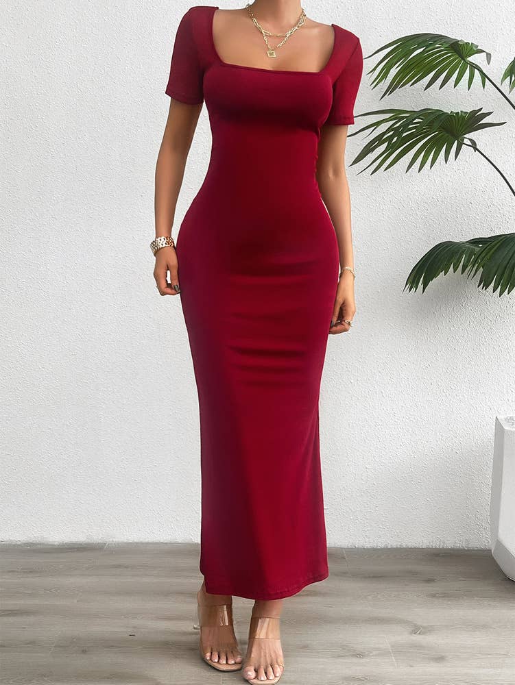 Solid color slim fit square neck bodycon dress