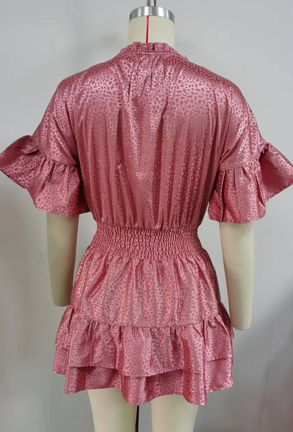 SATIN WAISTLINE V-NECK RUFFLED SKIRT DRESS