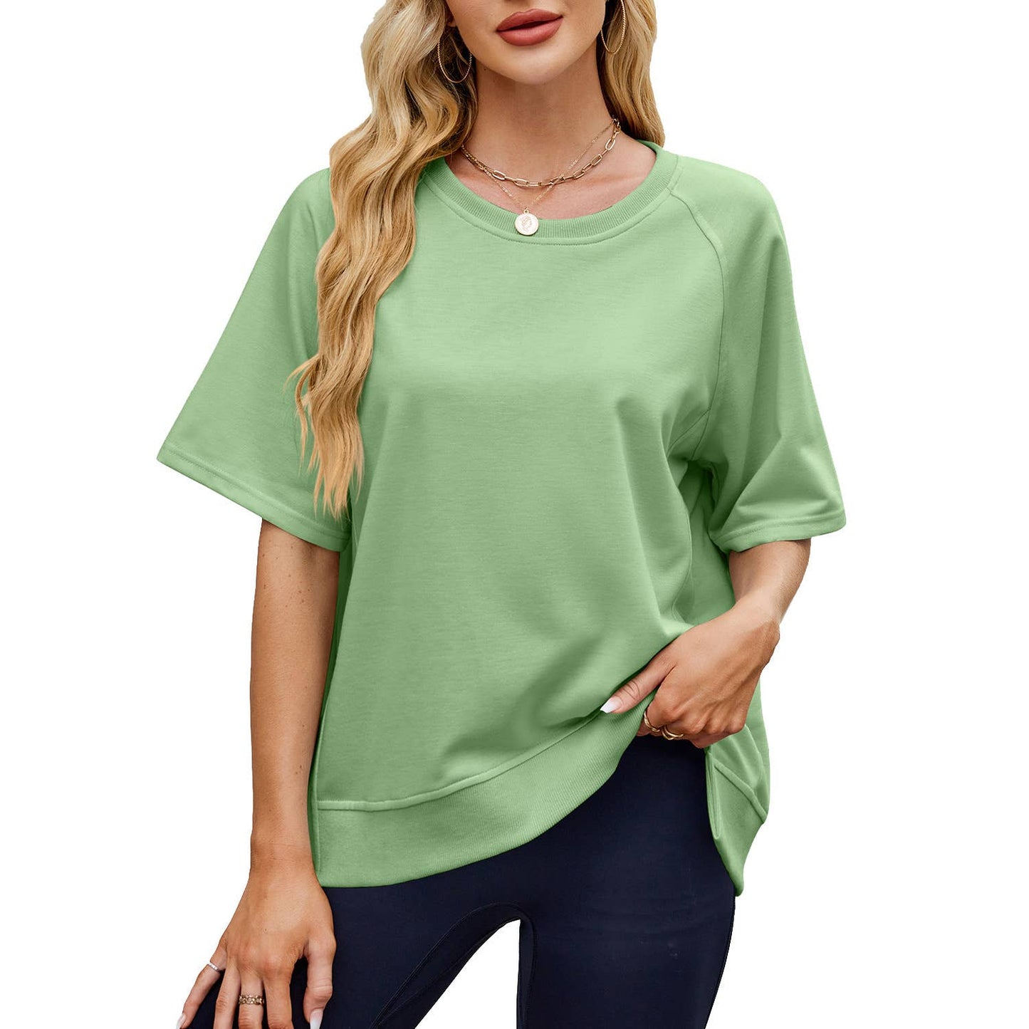 Solid color screw-neck loose short-sleeved hoodie