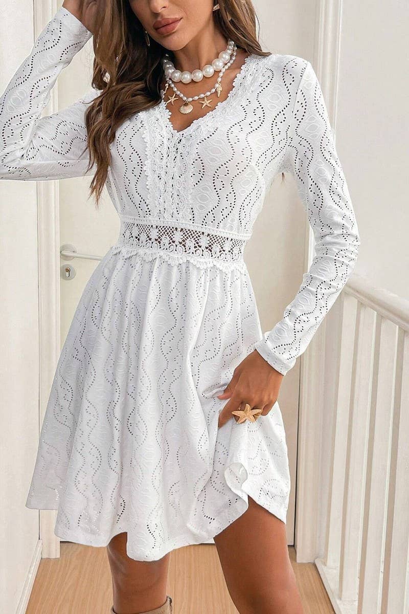CWDSD8534_SOLID LACE PATCHWORK SCALLOP HEM MINI SUNDRESS