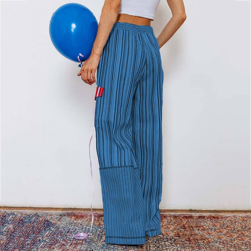 Plaid patchwork striped elastic-waist pants