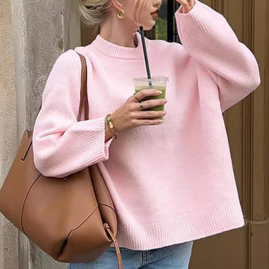 SOLID COLOR CREW NECK KNIT PULLOVER SWEATER
