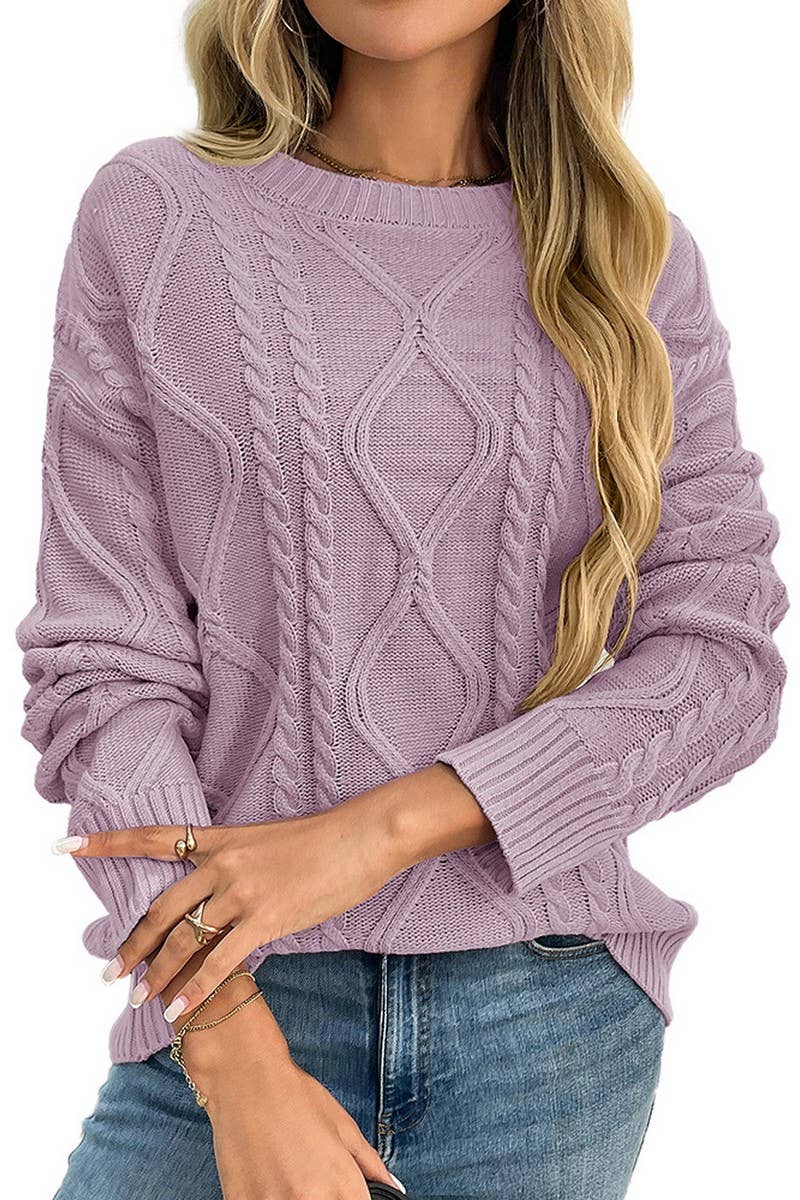 CWOSWL07714_VINTAGE CABLE KNIT SWEATER WOMEN WINTER CREWNEC