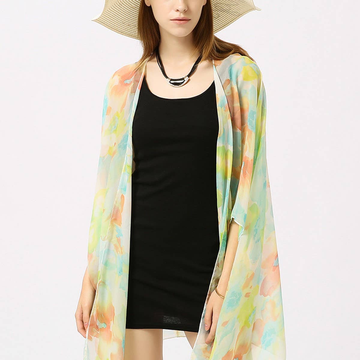 MULTICOLOR FLORAL PRINT OPEN FRONT KIMONO CARDIGAN