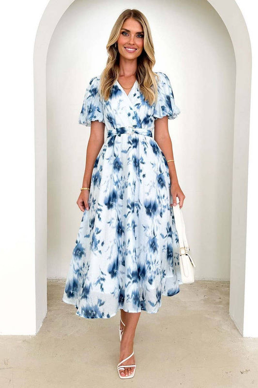 CWDMD5557_ELEGANT V-NECK PUFF SLEEVE FLORAL DRESS