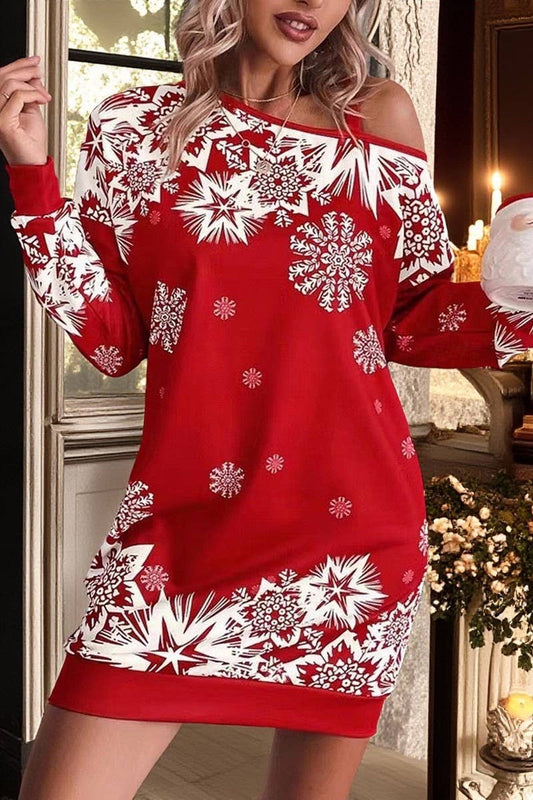 CWDSD10877_CHRISTMAS SNOWFLAKE OFF SHOULDER DRESS
