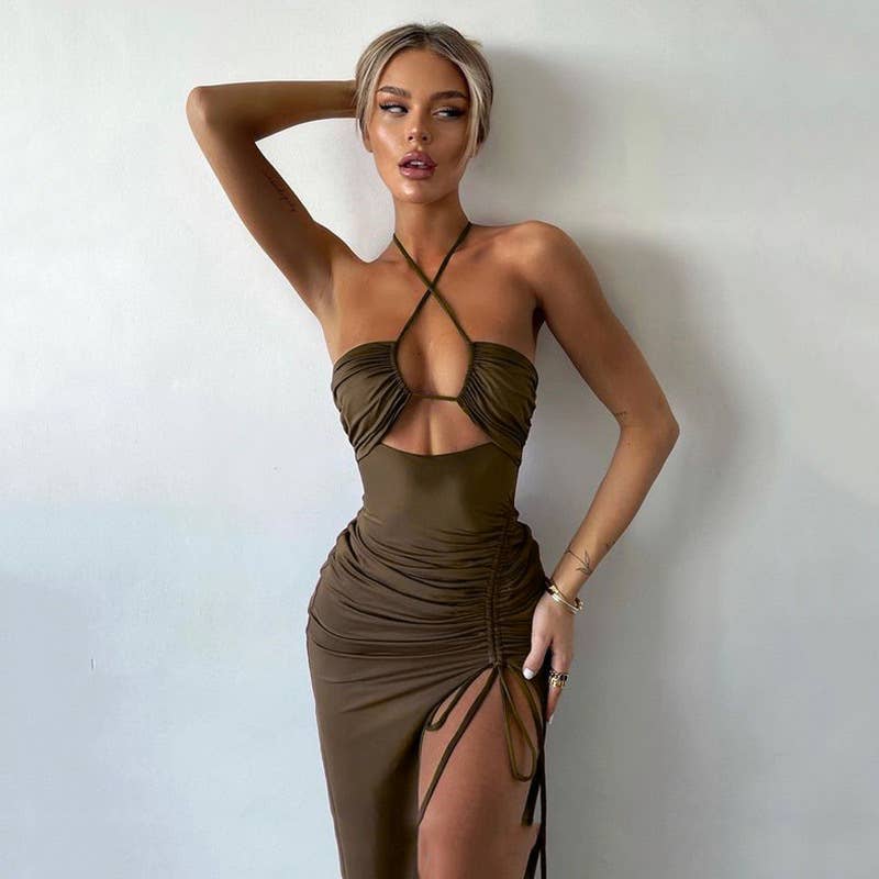 A backless sexy slit drawstring slimming dress