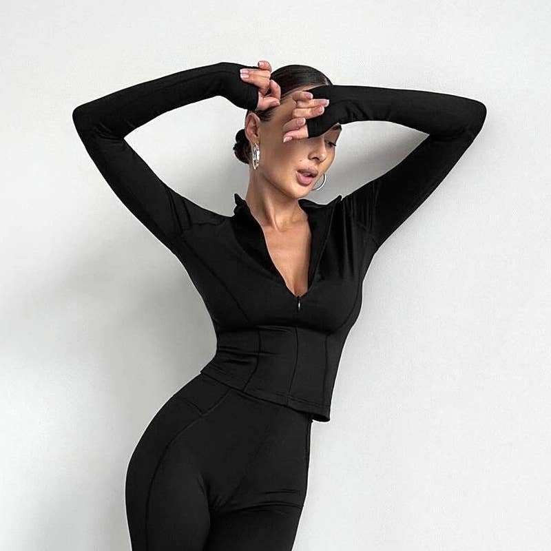 LAPEL ZIPPER PULLOVER LINE WAIST YOGA T-SHIRT