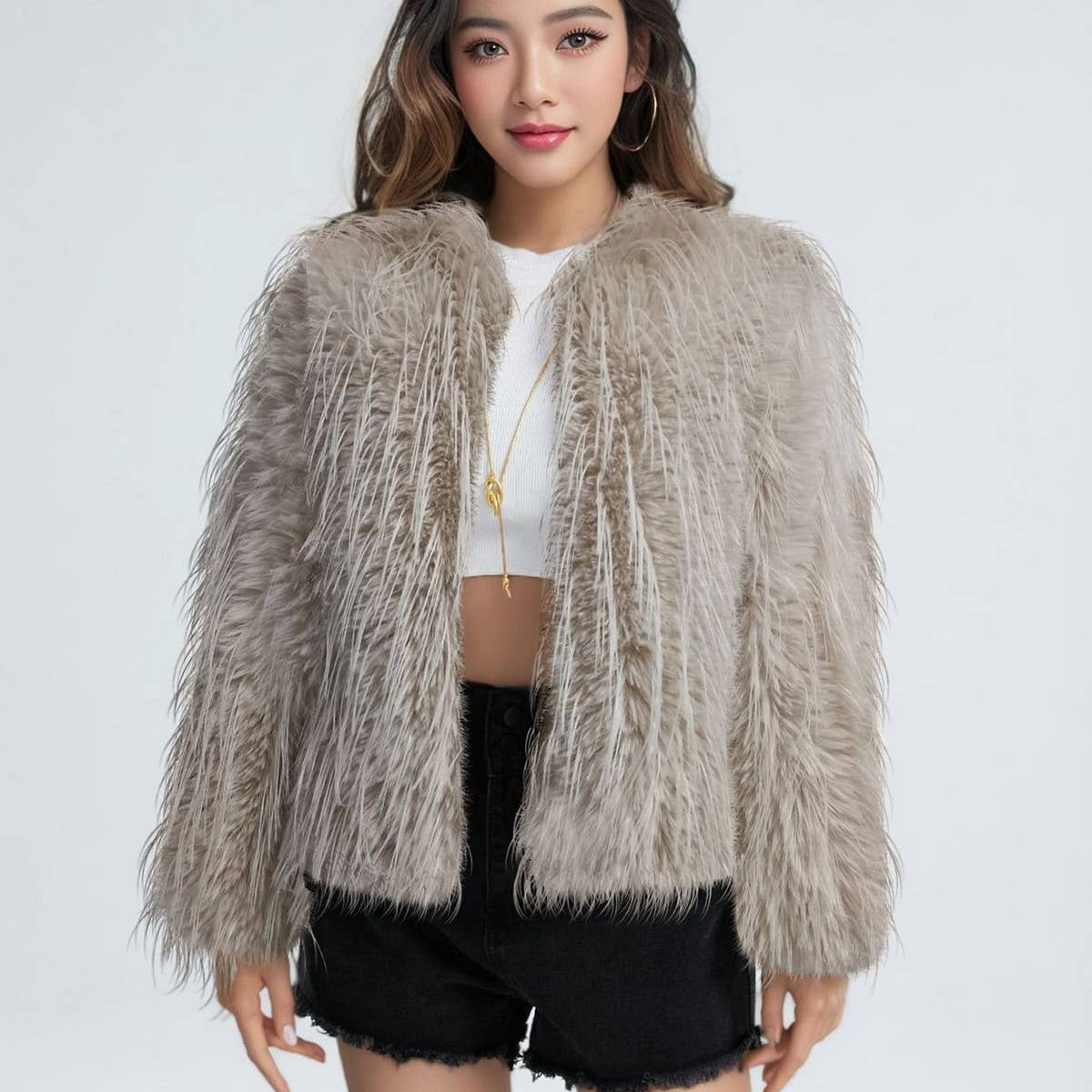 Fringed Faux Fur Short Coat Women Solid Color