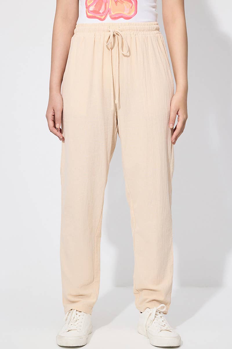SOLID COLOR LACE-UP HIGH-WAISTED WIDE-LEG PANTS