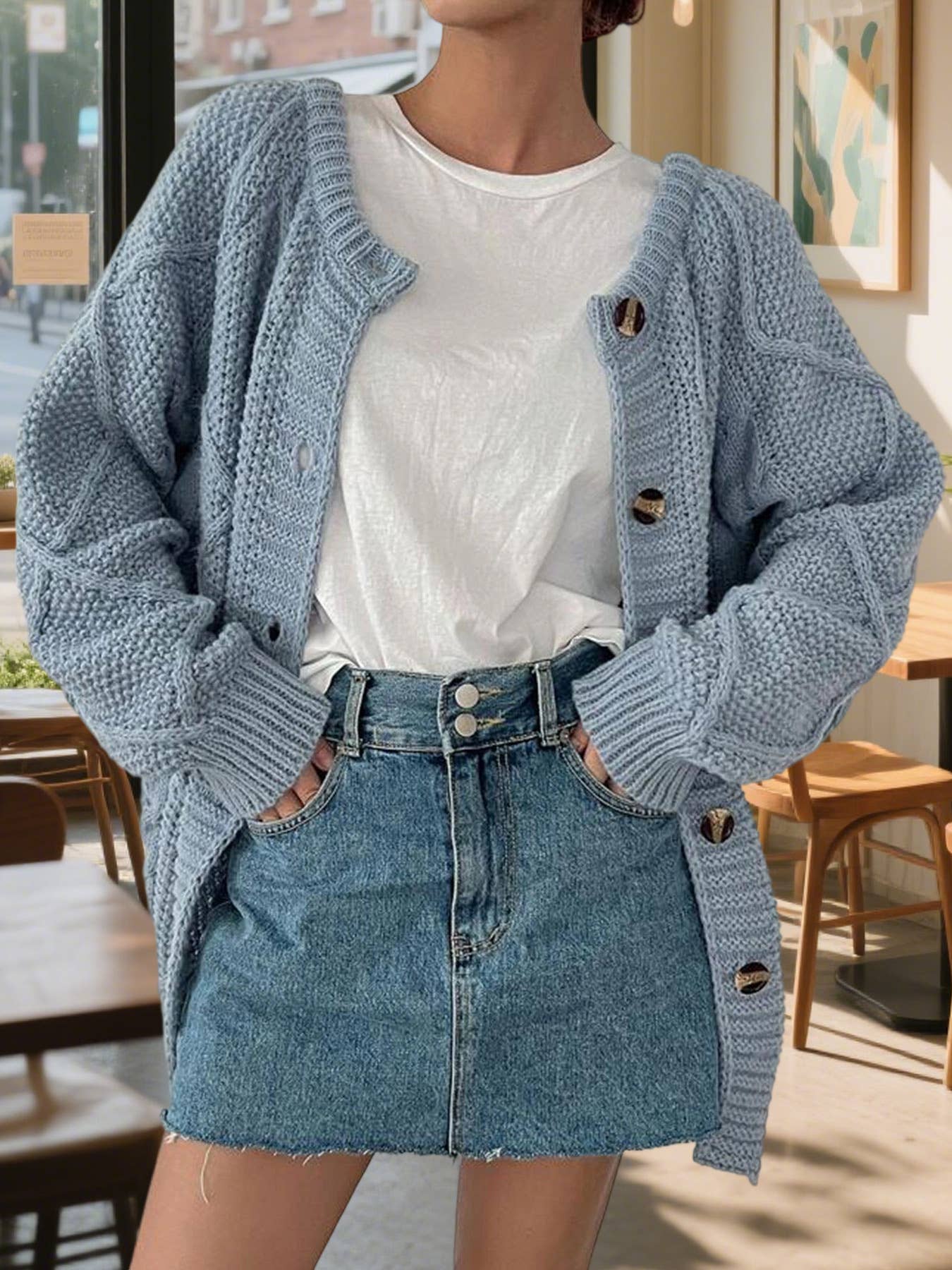 Solid-color diamond-check loose knitted cardigan