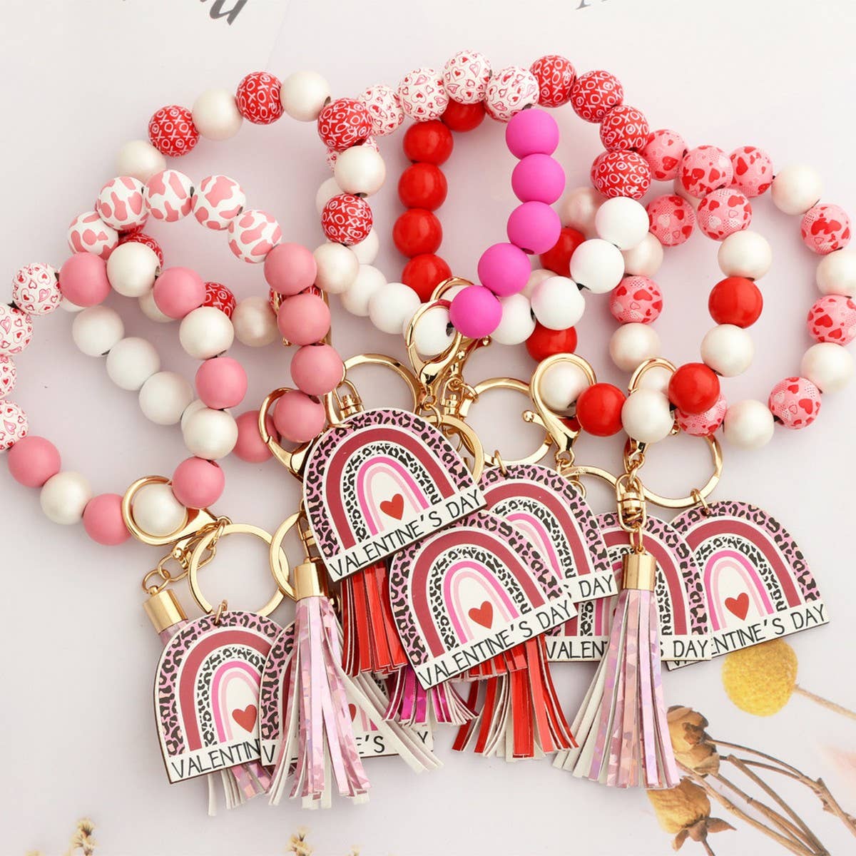 Heart Charm Wooden Bead Bracelet Keychain_CWAB5077
