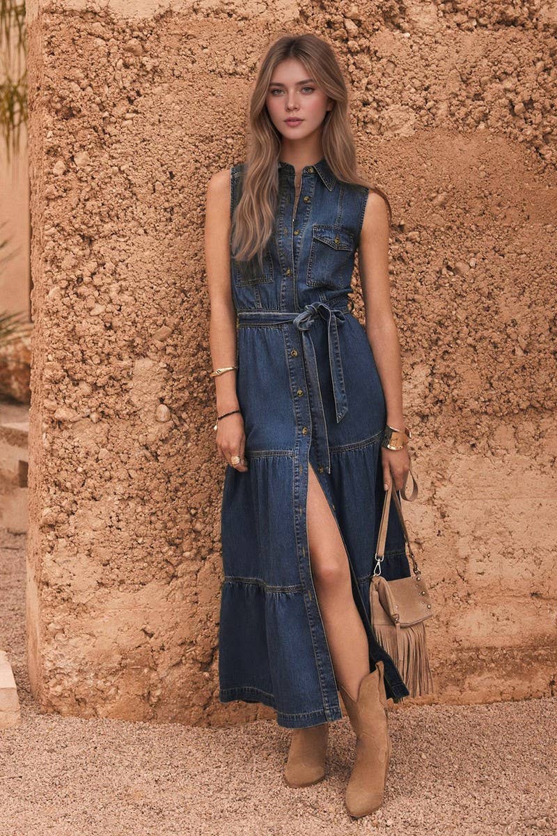 CWDMD6375_SLEEVELESS DENIM SINGLE BREASTED LONG DRESS