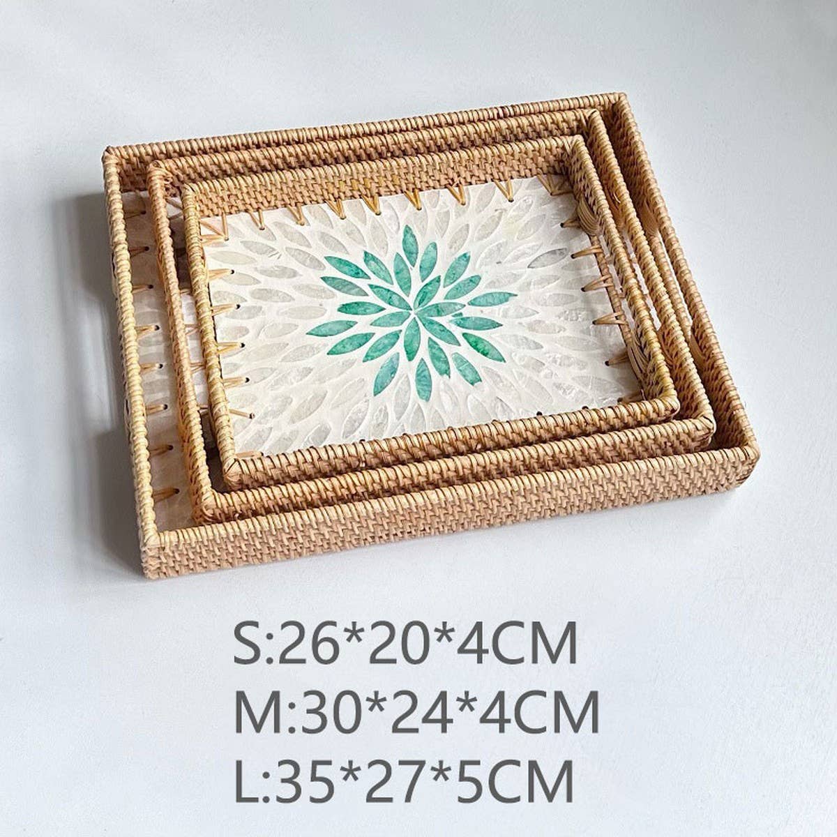 RATTAN WOVEN COLORFUL SHELL TEA TRAY THREEPIECE SET_CWMM4491