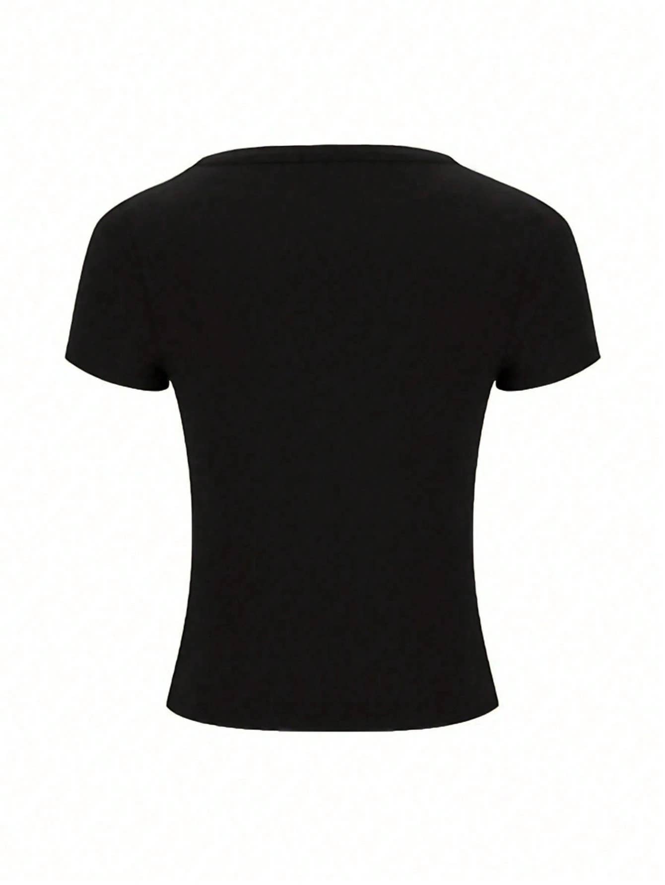 Solid-color dark V-neck short-sleeved tight Top