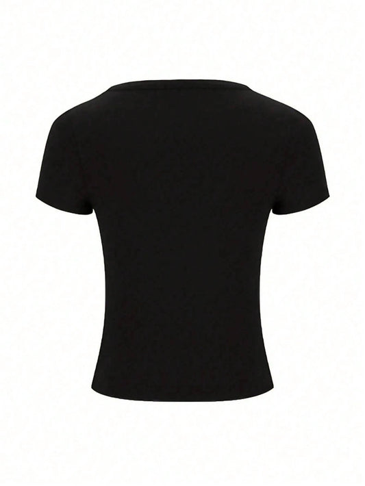 Solid-color dark V-neck short-sleeved tight Top