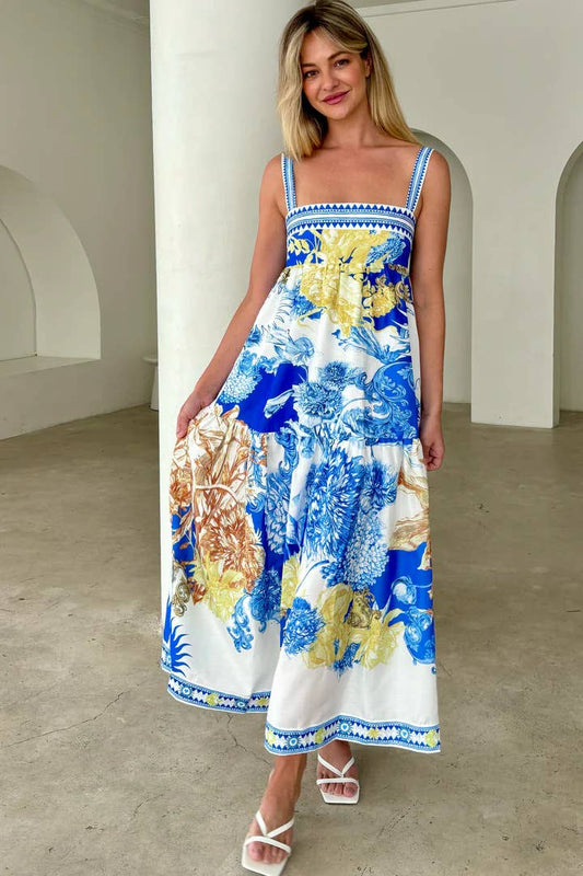 Holiday style positioning print long halter dress