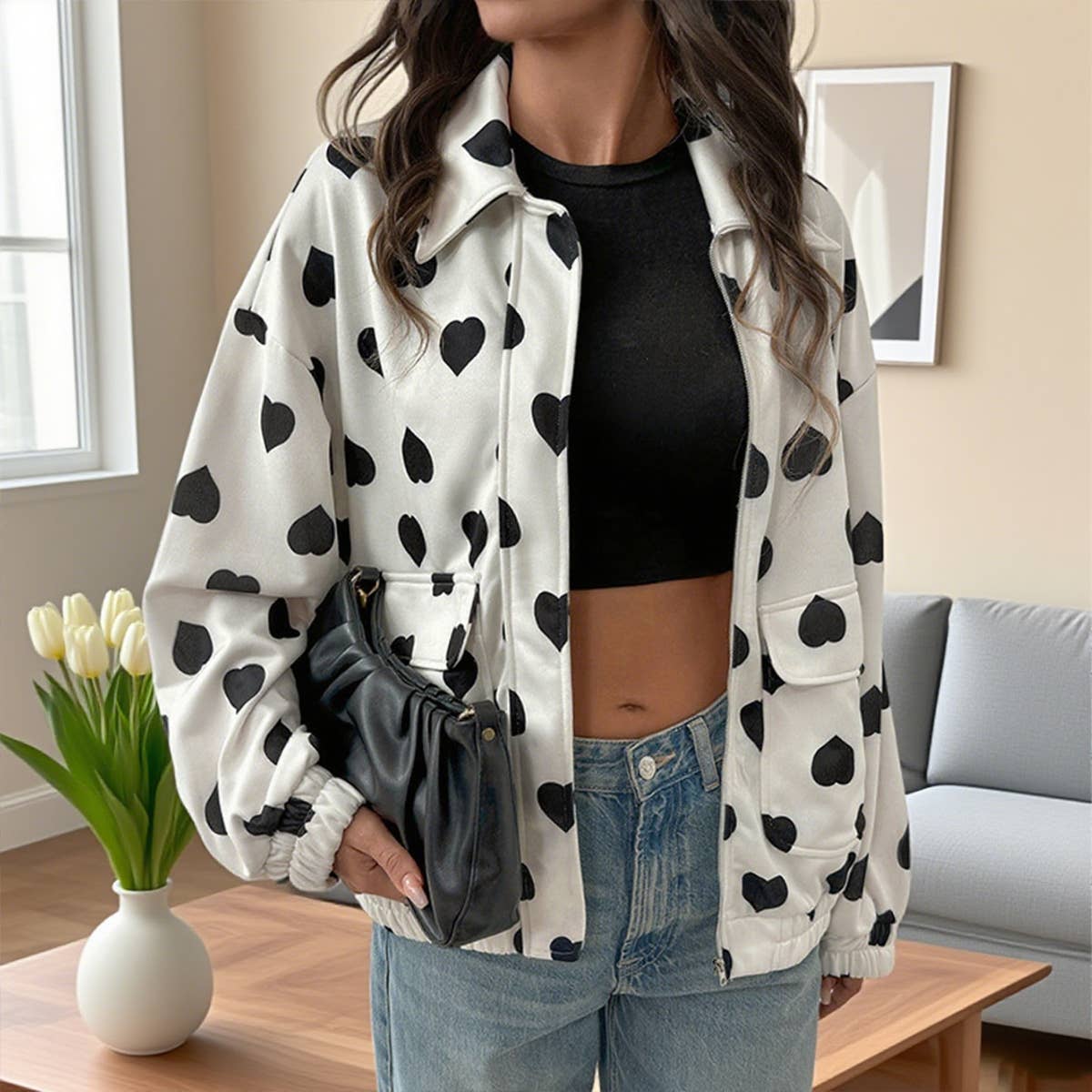 Street casual zipper lapel heart-shaped coat