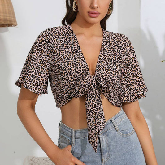 LEOPARD-PRINT SHORT-SLEEVED STRAPPY TOP