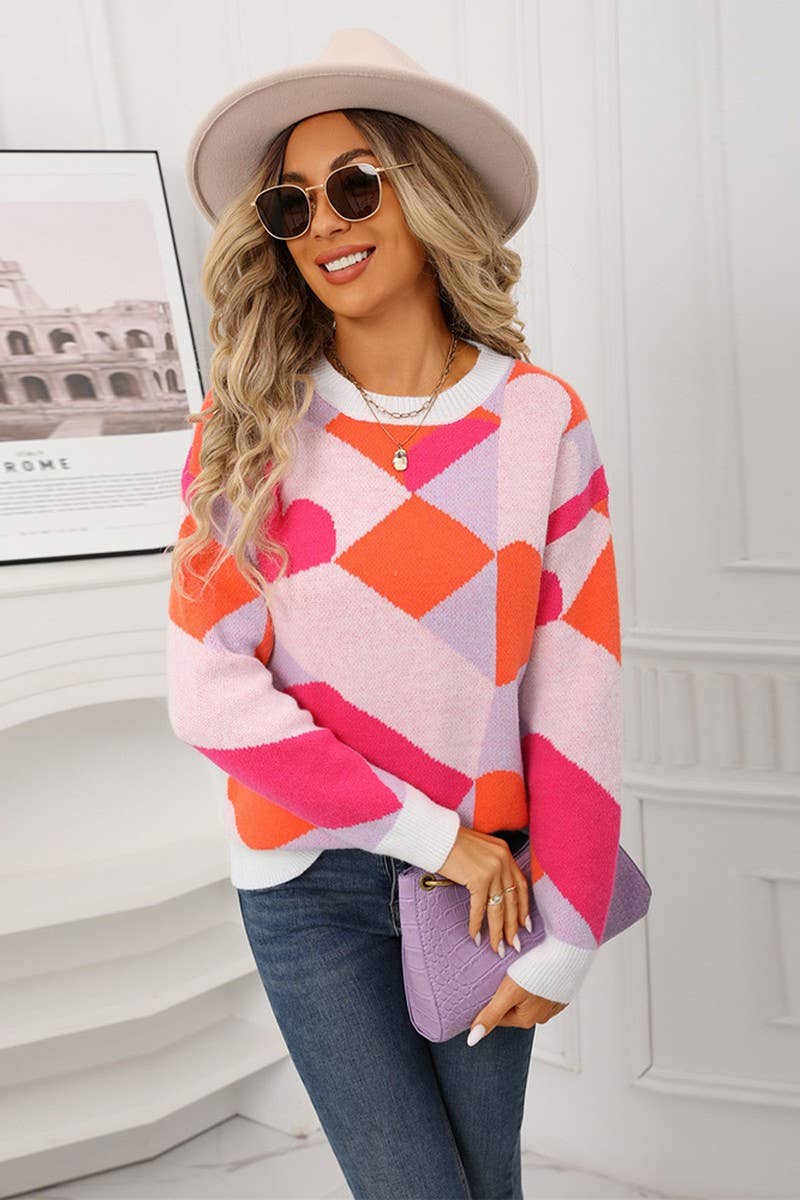 CWOSWL07576_CREW NECK CHECKERBOARD VALENTINE'S DAY SWEATER