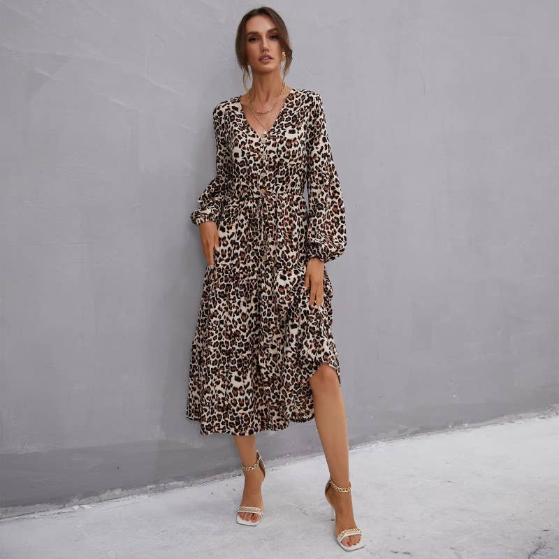 LEOPARD PRINT V-NECK LONG DRESS WITH RUFFLES