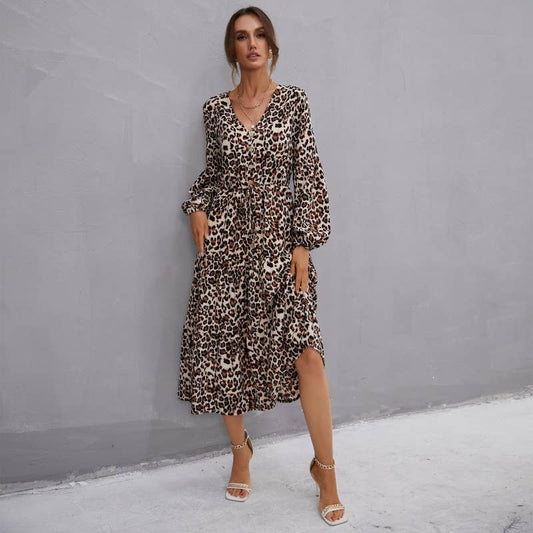 LEOPARD PRINT V-NECK LONG DRESS WITH RUFFLES