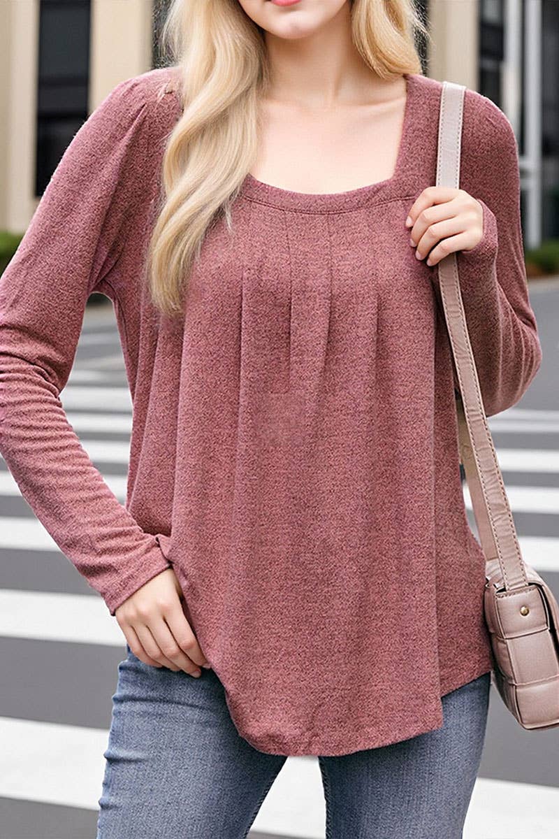 CWOSWL07634_SQUARE NECK PUFF SLEEVE PLEATED LONG SLEEVE TOP