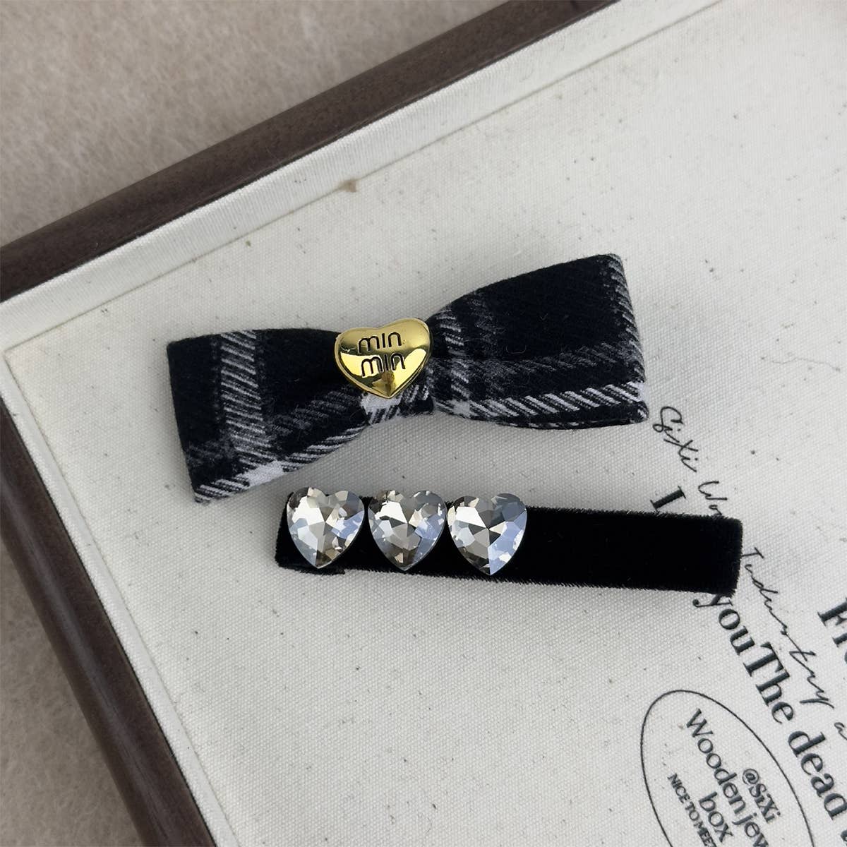 French fancy check rhinobrown heart bow hair clip