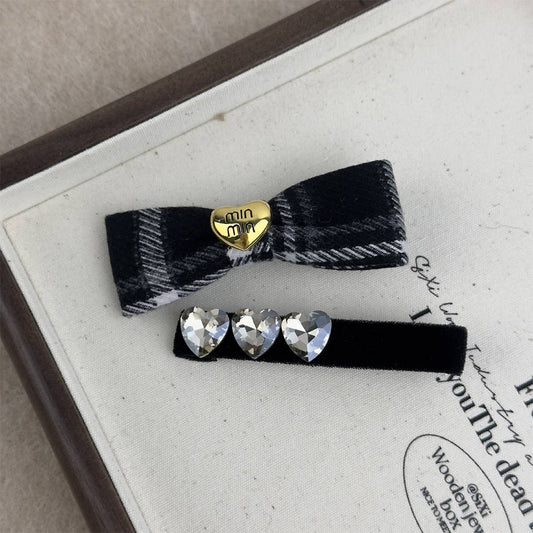 French fancy check rhinobrown heart bow hair clip
