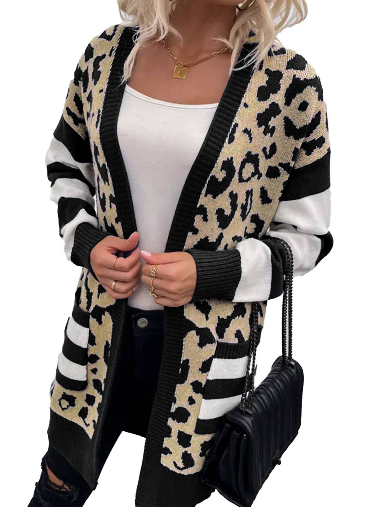 Women's mid-length leopard print cardigan coat