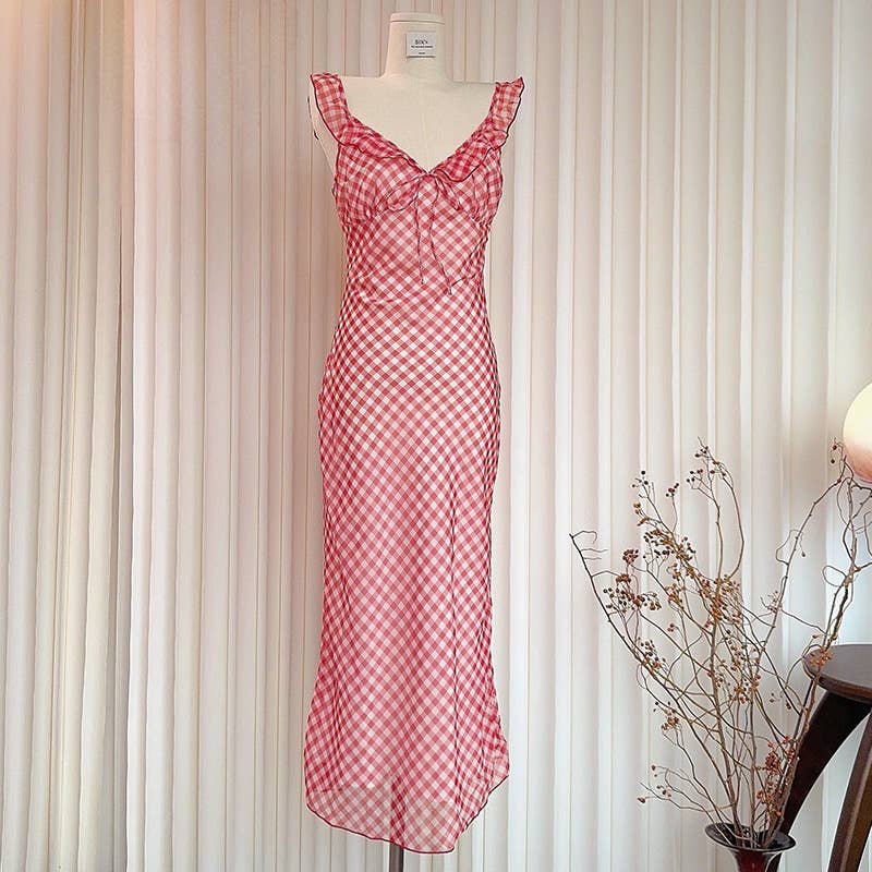 Retro tea break vacation checkered halter dress