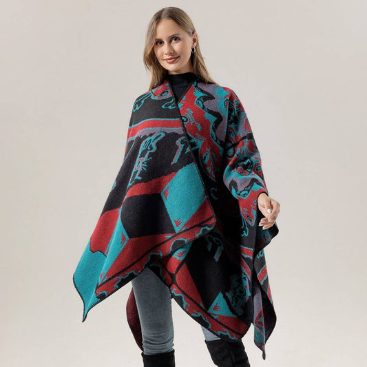 RETRO CARTOON STYLE KNITTED CAPE WARM SHAWL_CWASC2249