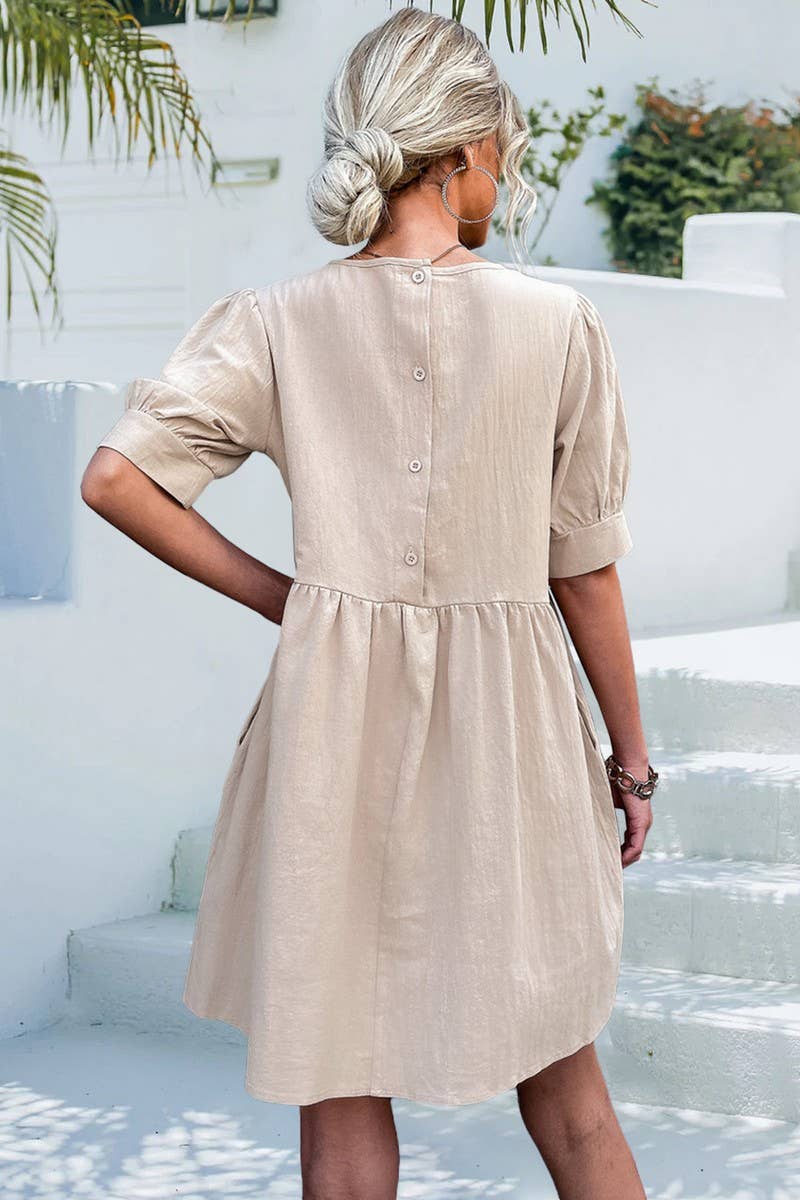 ROUND NECK BUTTON DOWN BUBBLE SLEEVE DRESS_CWDSD2627