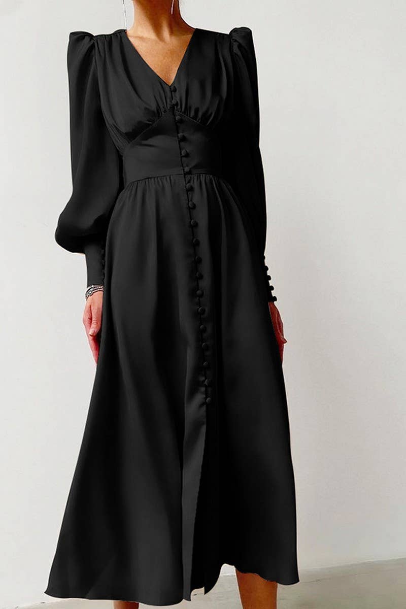 CWDMD4255_V-NECK SATIN PALACE RETRO LONG SLEEVE DRESS