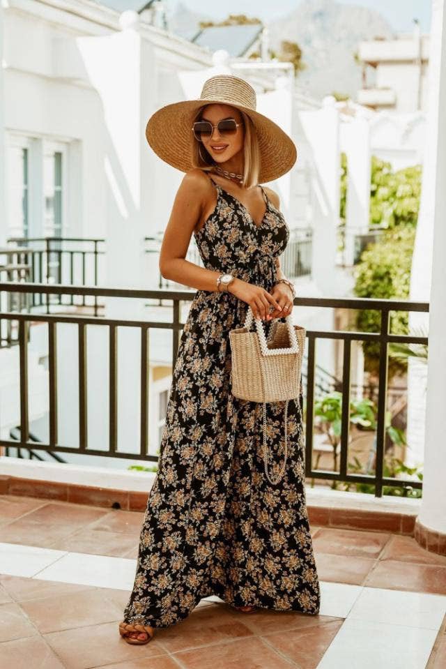 V-neck sleeveless halter print boho long dress