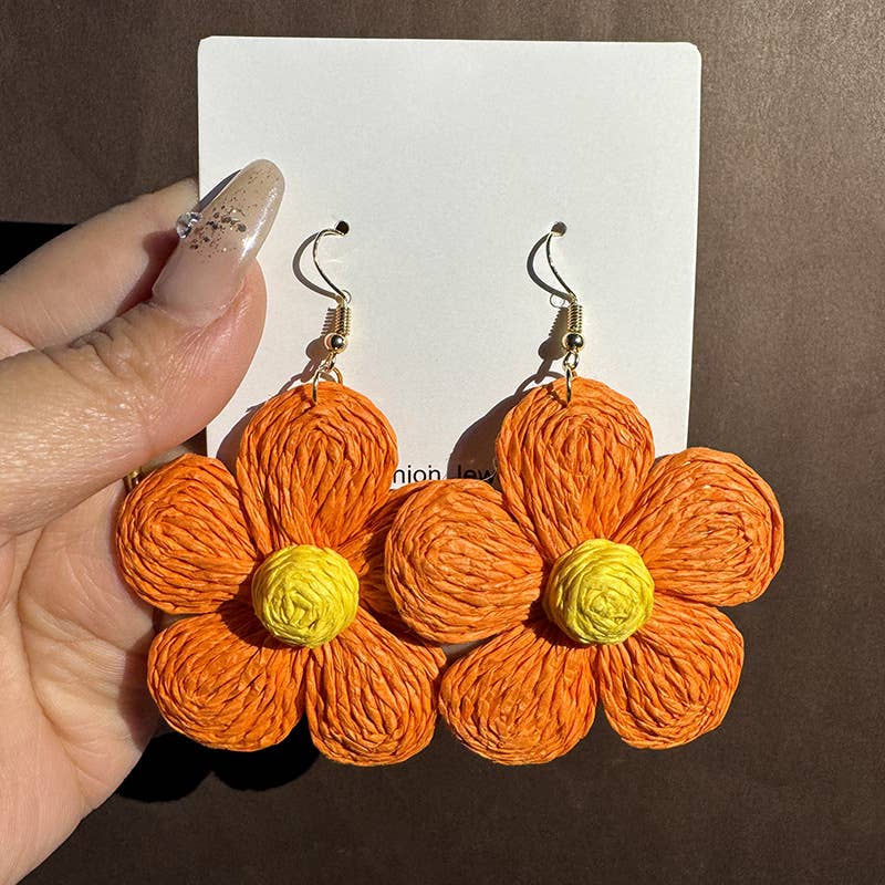 Woven raffia grass exaggerated flower earrings