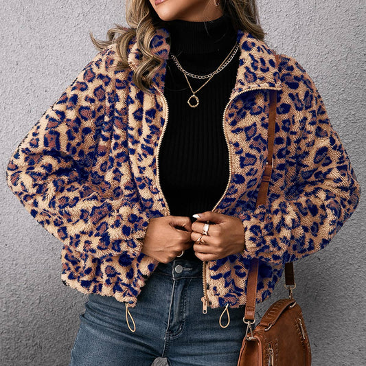 LEOPARD PRINT LAPEL LONG-SLEEVED PLUSH HOODIE