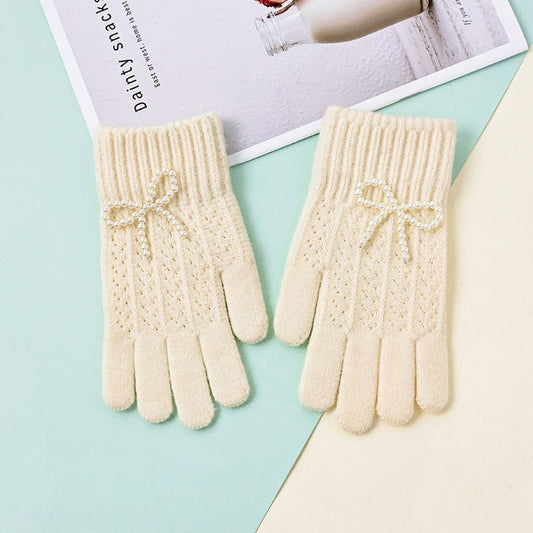 CWAG00586_WOMEN WINTER KNIT BOW PEARL TOUCHSCREEN GLOVES