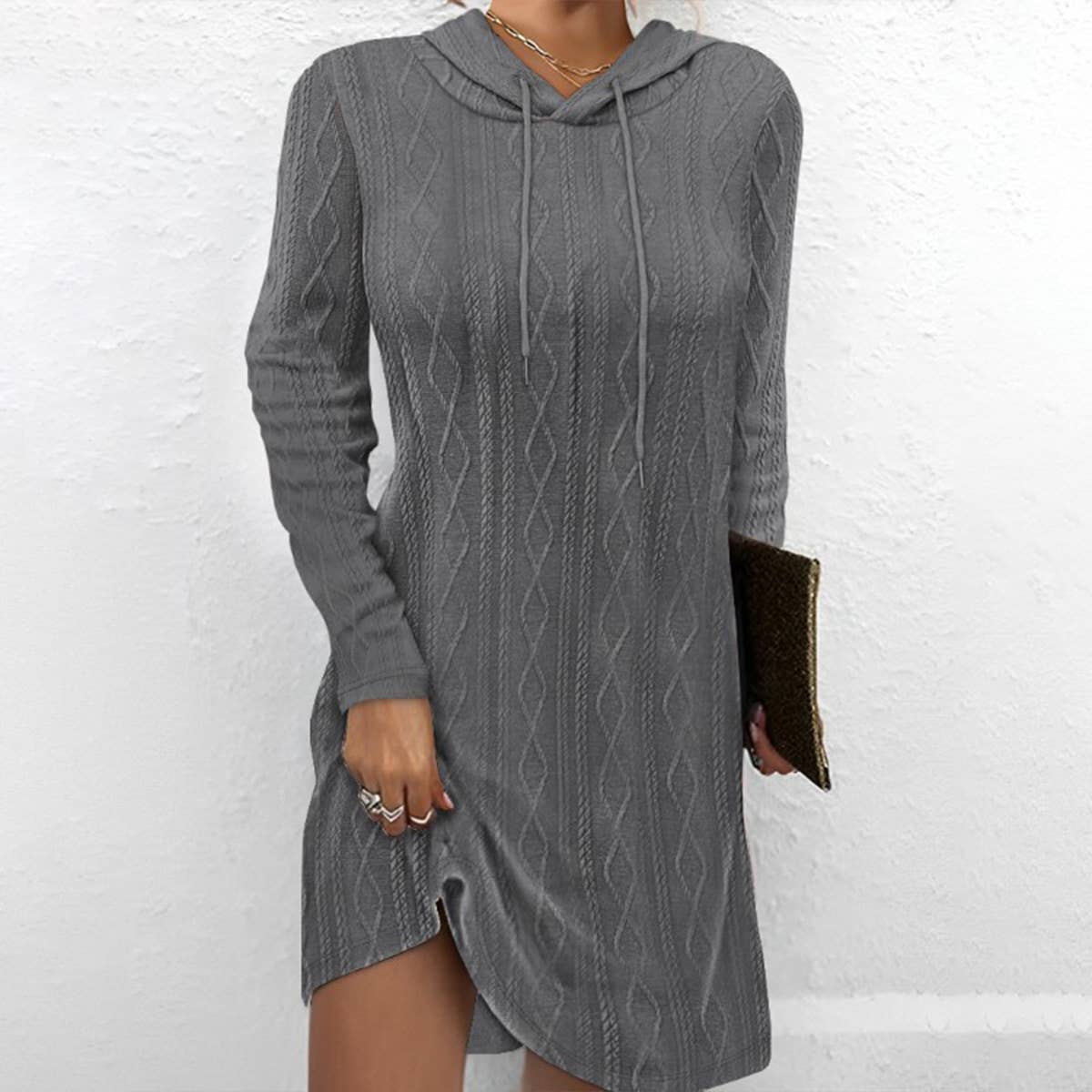 SOLID COLOR LONG-SLEEVED HOODED JUMPER KNIT DRESS