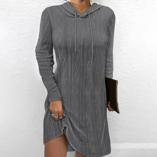 SOLID COLOR LONG-SLEEVED HOODED JUMPER KNIT DRESS