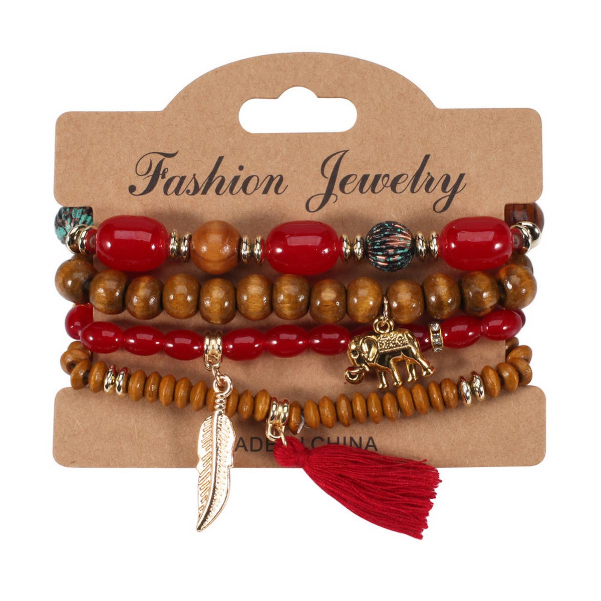 LEAF ELEPHANT TASSEL PENDANT WOODEN BEAD BRACELET_CWAJE2221