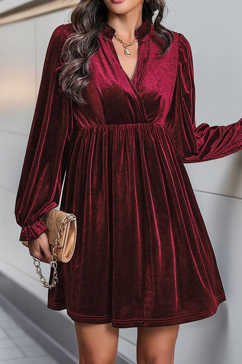 CWDSD6217_V-NECK LONG-SLEEVED GOLD VELVET DRESS