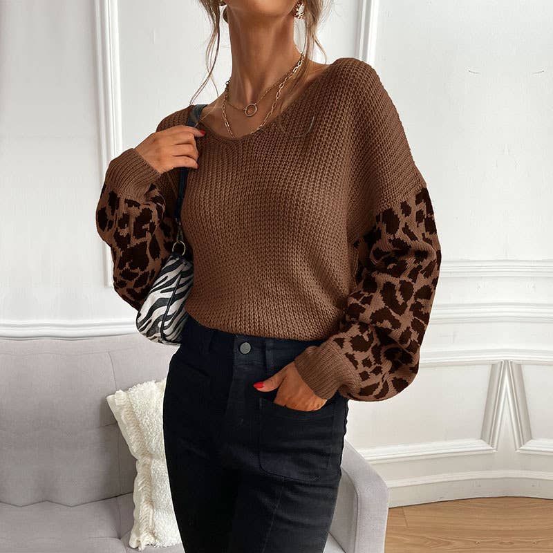 V-NECK KNIT LEOPARD PRINT PATCHWORK SWEATER