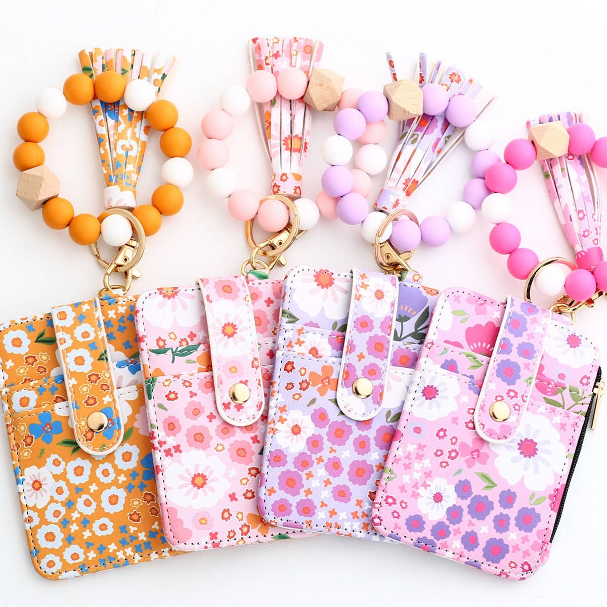Floral Print PU Wallet with Silicone Bead Keychain_CWAB4930