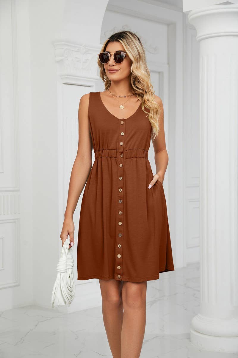CWDSD3114_ROUND NECK SLEEVELESS BUTTON POCKET WAIST DRESS