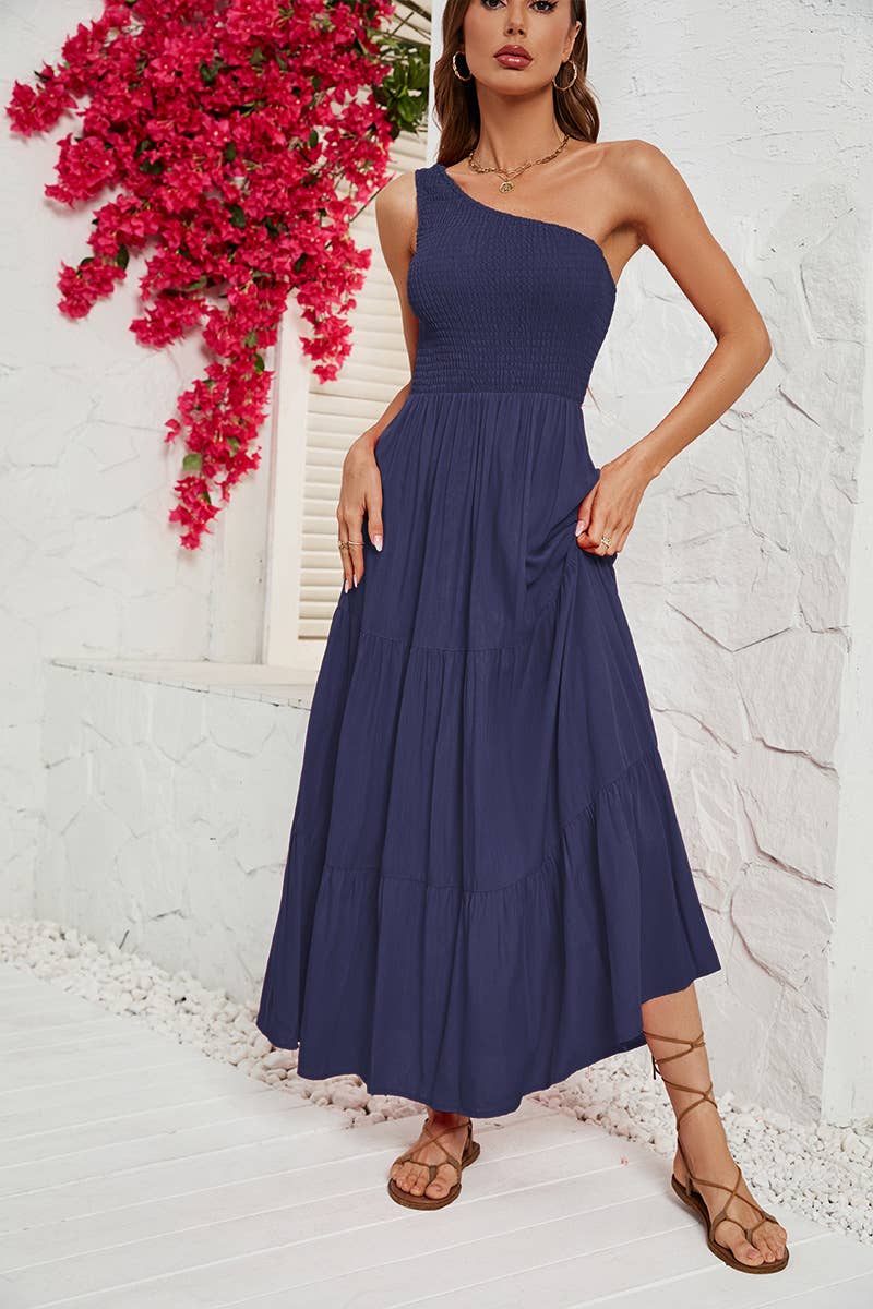 Slim dress with sloping neck and swing